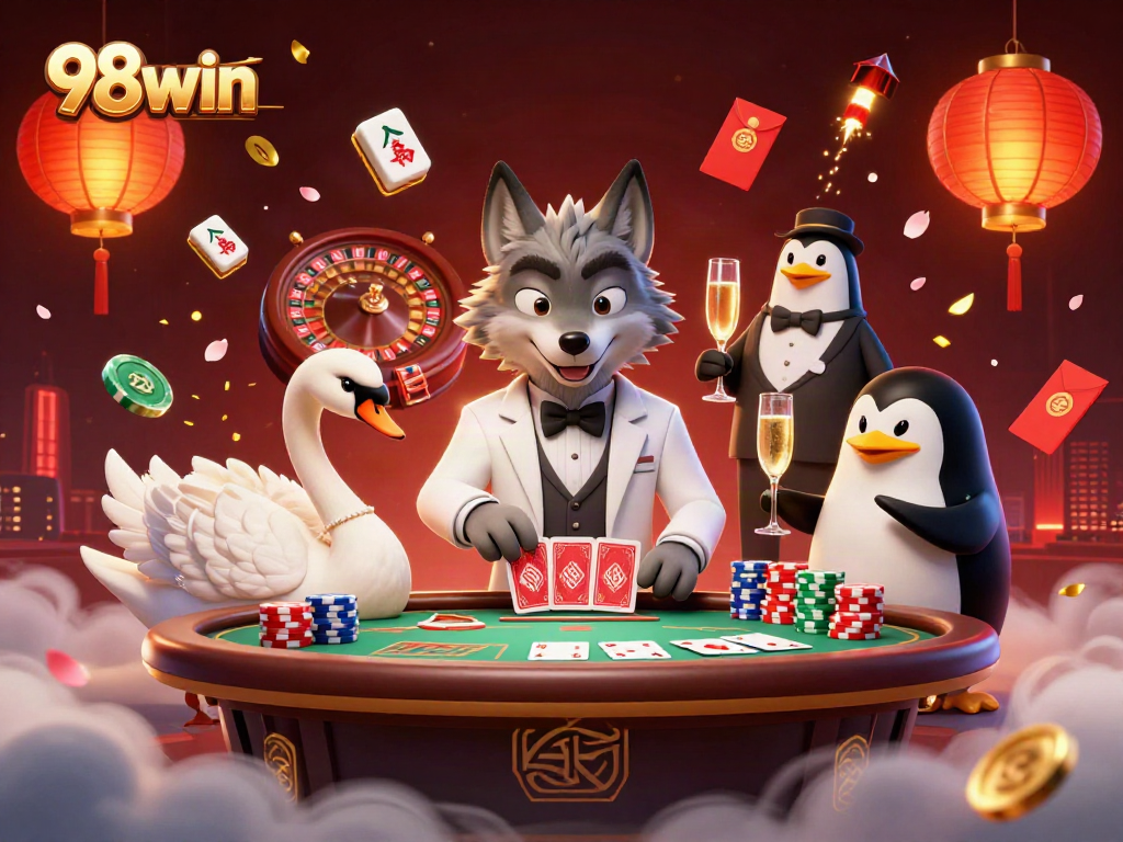 Engage with exciting games at 98win, featuring a debonair wolf, elegant swan, and sophisticated penguin.