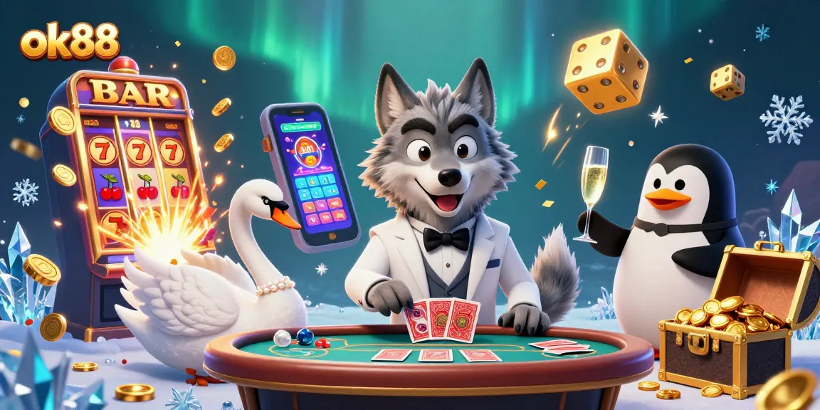 Experience excitement at ok88 with a vibrant casino scene featuring a wolf, swan, and penguin.