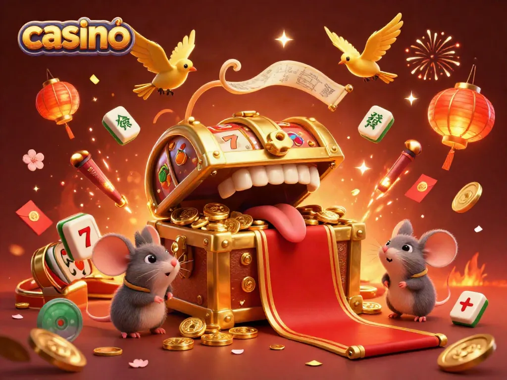 Engaging treasure chest casino scene with golden coins and lively characters promoting fun gaming.