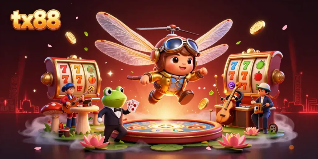 Experience exhilarating action at tx88 online casino with vibrant slot reels and flying gold coins.
