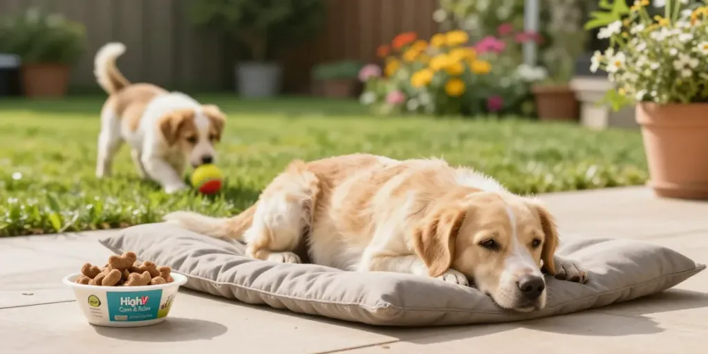Calming Dog Treats in a tranquil outdoor setting with a relaxed dog.