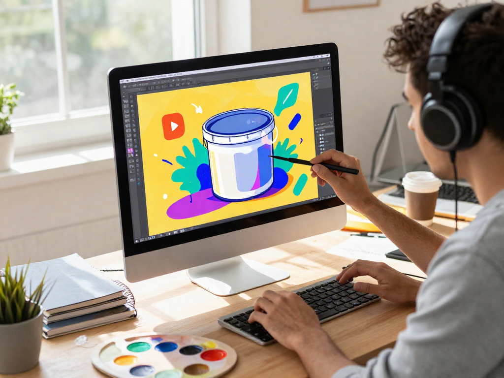 Designer using paint-bucket tool in dynamic workspace with colorful designs.