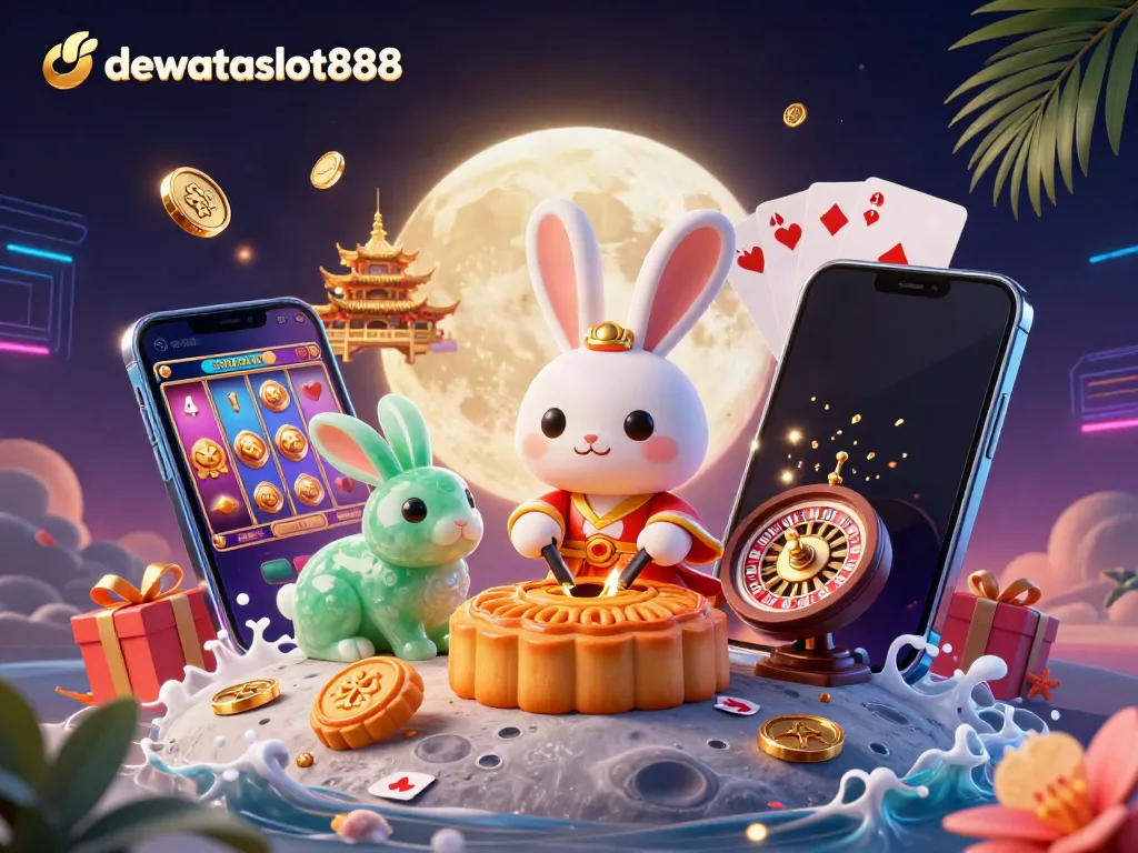 Gambarlah dewataslot888 saat kelinci bulan tradisional menyiapkan kue bulan dan chip poker dengan warna cerah.