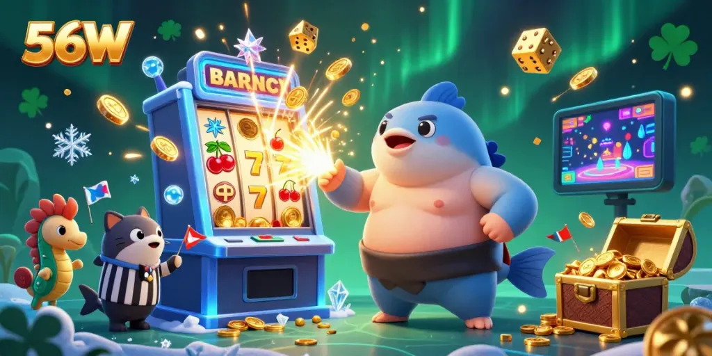 Experience the vibrant casino atmosphere at 56W with a dynamic underwater scene featuring colorful characters and explosive jackpots.