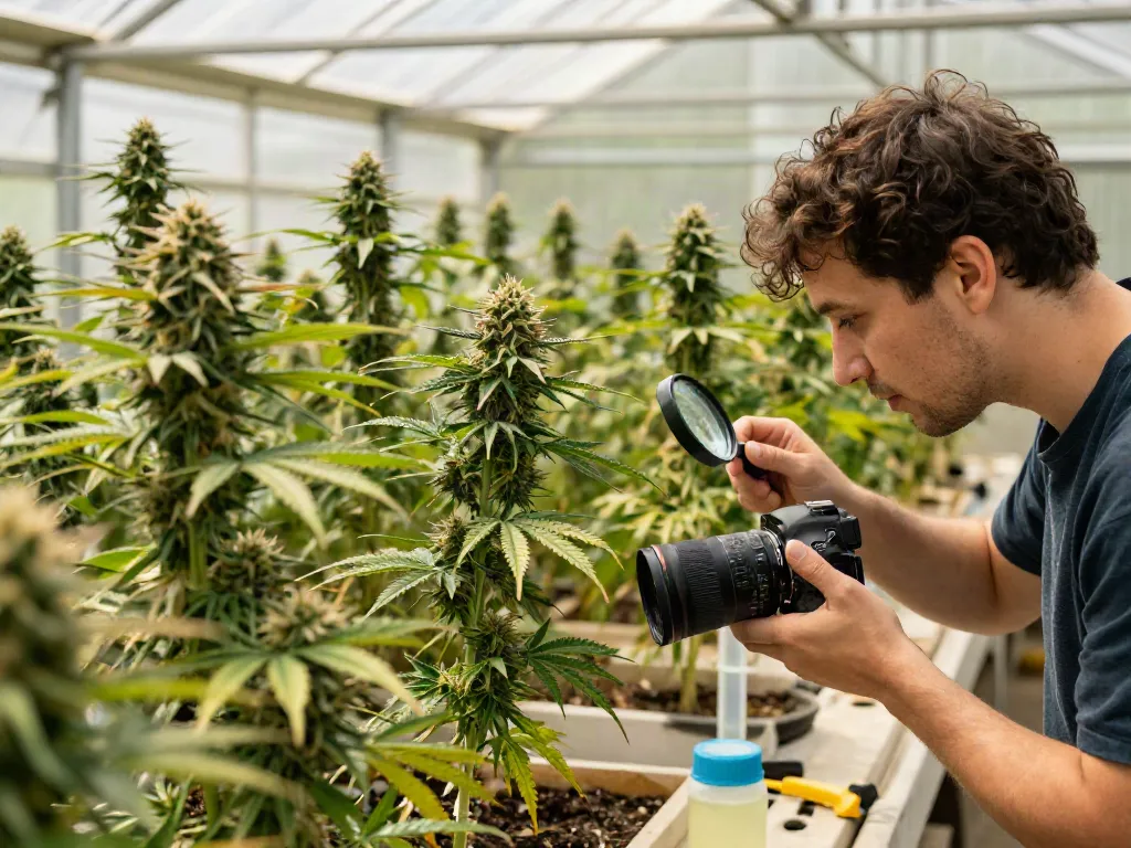Cannabis seeds thriving in a greenhouse, grower examining vibrant plants and buds.
