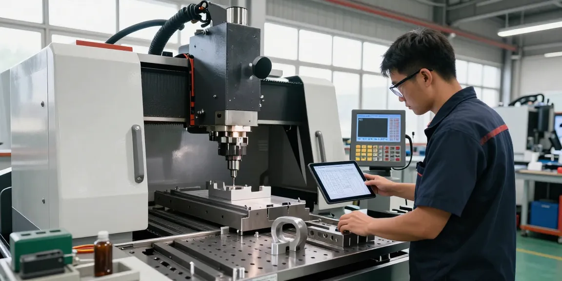CNC machining parts manufacturer in action with a technician operating machinery in a bright workshop