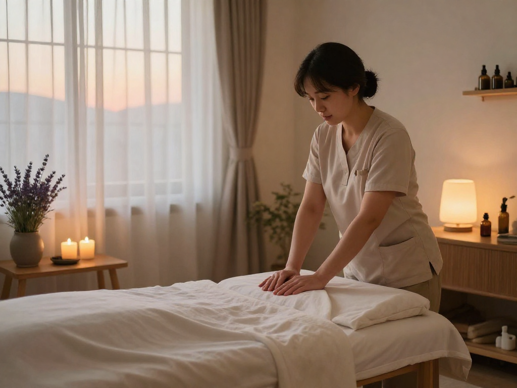 인천출장마사지 session in a cozy, serene home setting with a professional therapist.