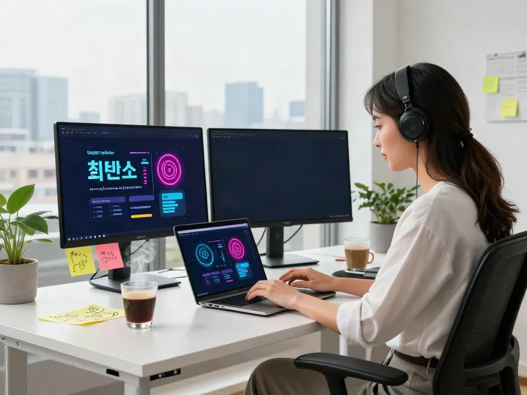 Content creator in modern workspace researching 최신주소 updates with vibrant infographics.