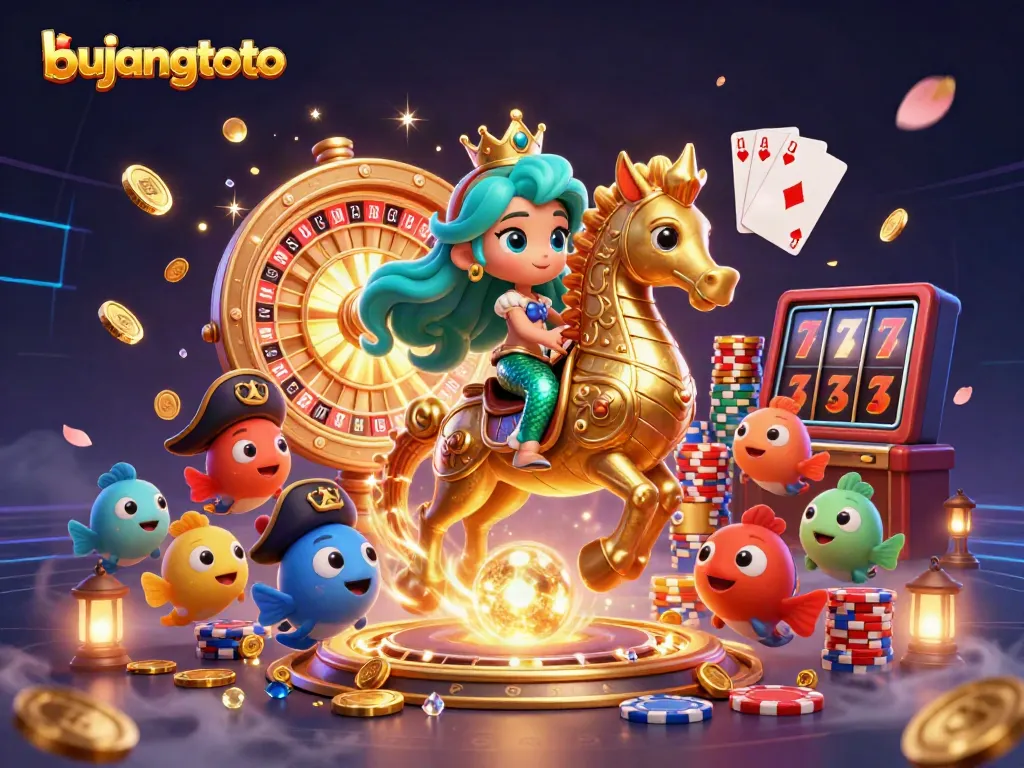 Engage with bujangtoto's vibrant casino scene featuring a mermaid, seahorse, and sparkling coin action.