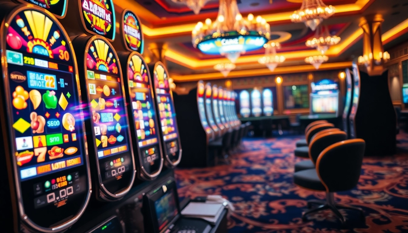 Experience the thrill of pg slot games with vibrant slot machines and poker chips in a lively casino setting.