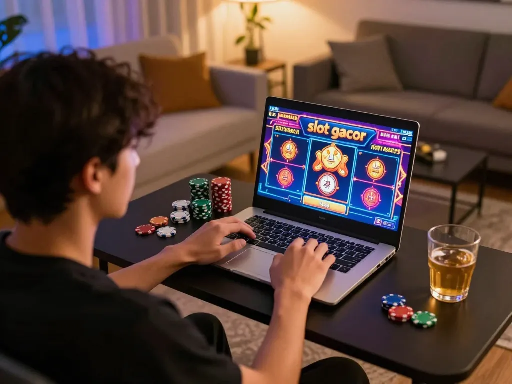 Engaging gameplay of slot gacor on a laptop in a cozy home setting with vibrant colors