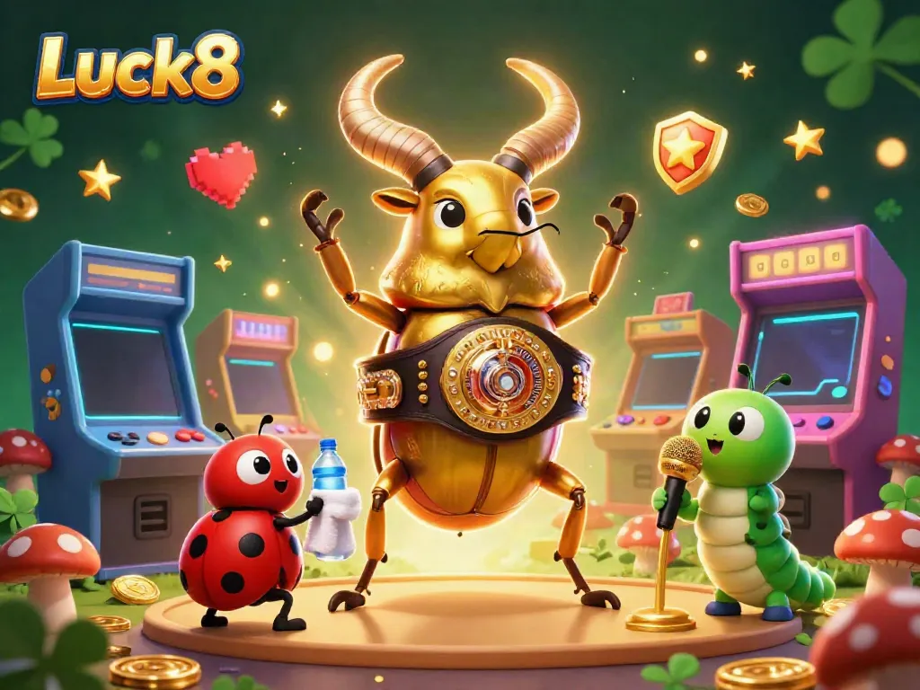Experience Luck8's thrilling atmosphere with a giant golden stag beetle surrounded by vibrant casino elements.