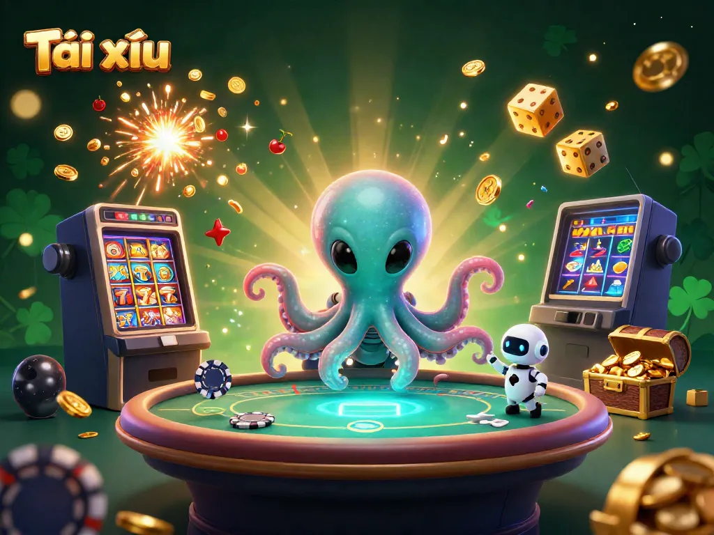 Experience Tài xỉu with an alien octopus at a holographic poker table, surrounded by casino elements.