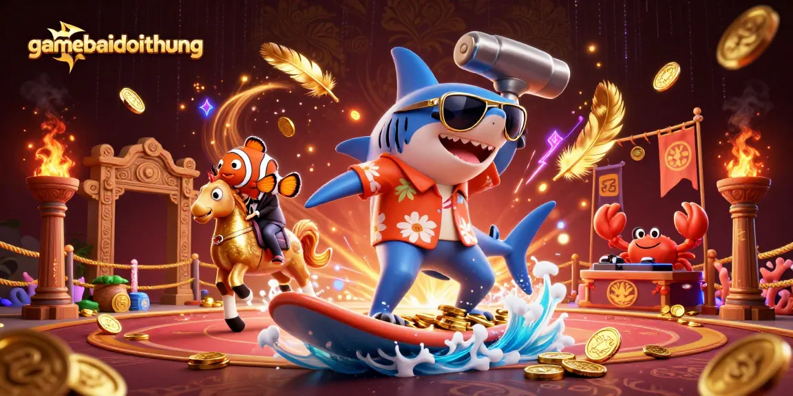 Engage with gamebaidoithuong's vibrant virtual casino scene filled with winning gold coins and energetic characters.