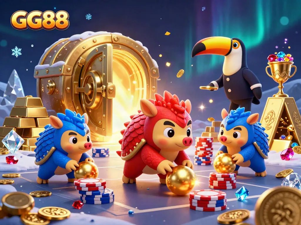 Engage in exciting GG88 gameplay featuring animated pangolins bowling through poker chips surrounded by treasures.
