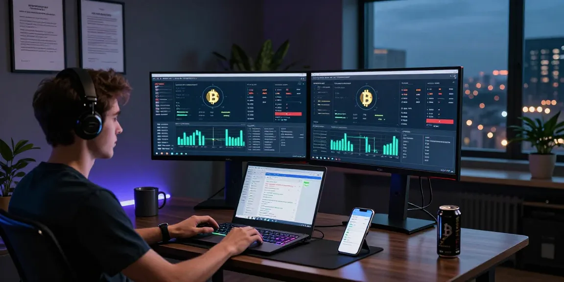 Automated bitcoin mining setup with multiple screens displaying cryptocurrency analysis and statistics, professional workspace emphasizing innovation and security in the fintech environment.