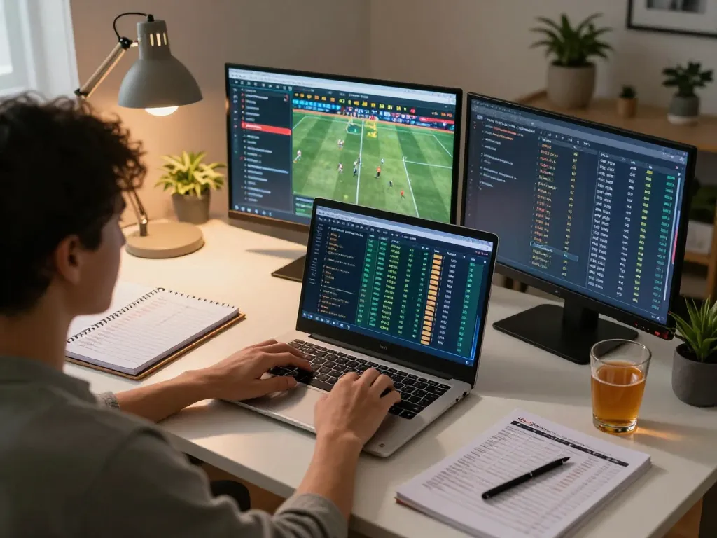 Person analyzing betting odds on https://nddo.org from their cozy home gaming setup, emphasizing online sports betting