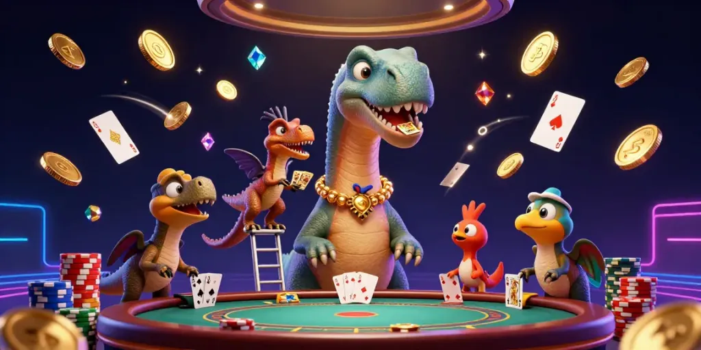 Experience thrilling casino action at FV88 with this captivating 3D illustration of a playful dinosaur and raptor dealer.