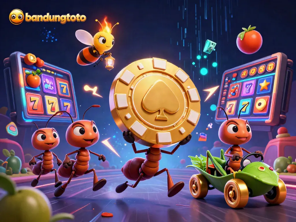 Bandungtoto's animated ants execute a thrilling slot heist, showcasing vibrant gambling elements.