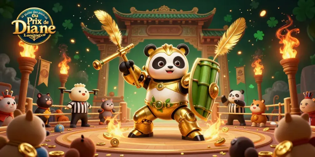 Engage with le guide des paris du Prix de Diane Longines through this vibrant 3D illustration showcasing a golden panda and dynamic betting elements.