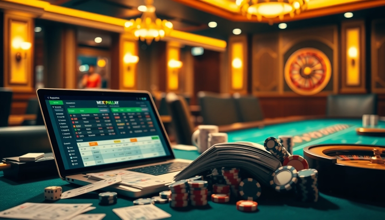 Mix Parlay betting interface showcasing high-stakes gambling excitement with betting slips and poker chips.