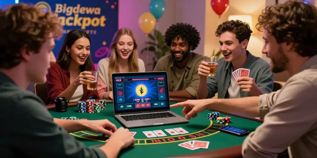 Friends celebrating a win on Bigdewa's online casino with vibrant atmosphere.