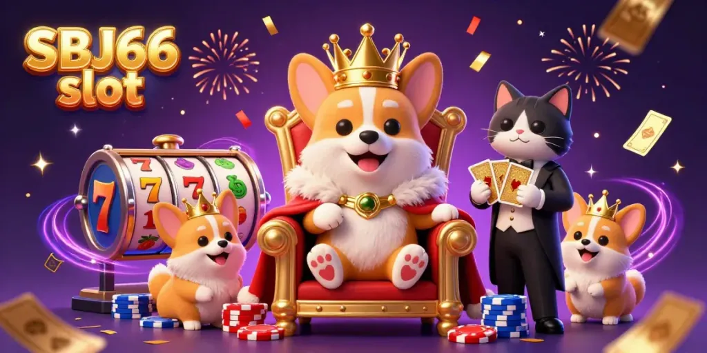 Experience the charm of SBJ66 slot with a royal corgi and a lively casino scene filled with slot elements.