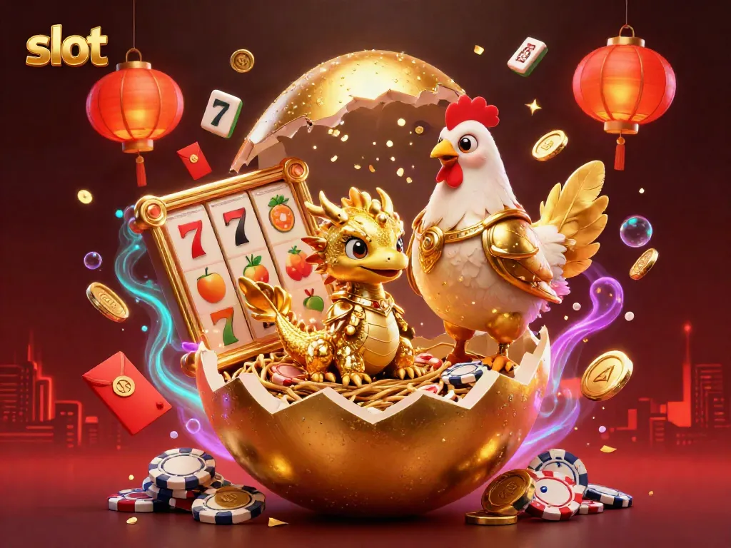 Experience the thrill of slot gaming with vibrant visuals featuring a gold baby dragon and poker chips.