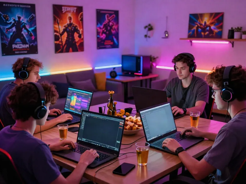 Exciting Totobet gaming scene with players focused on laptops in a vibrant game room.