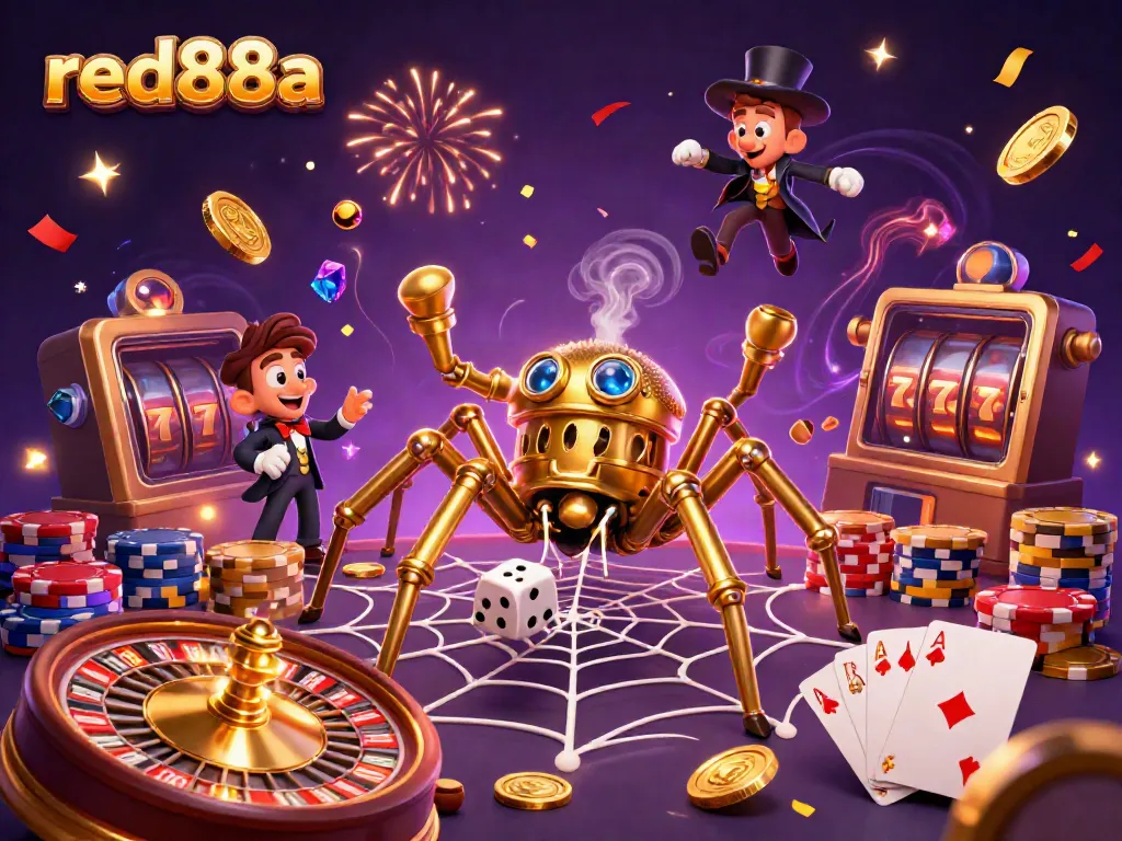 Win jackpots with red88a's exciting casino games featuring a steampunk spider and poker elements.
