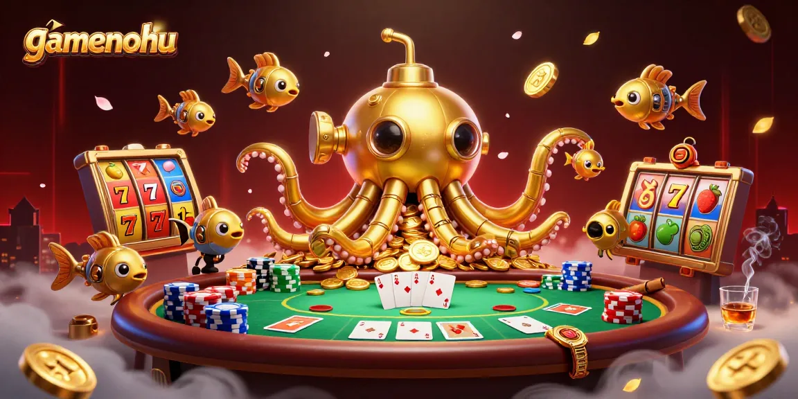 Experience thrill with gamenohu as the golden kraken submarine surfaces amidst jackpots and casino elements.