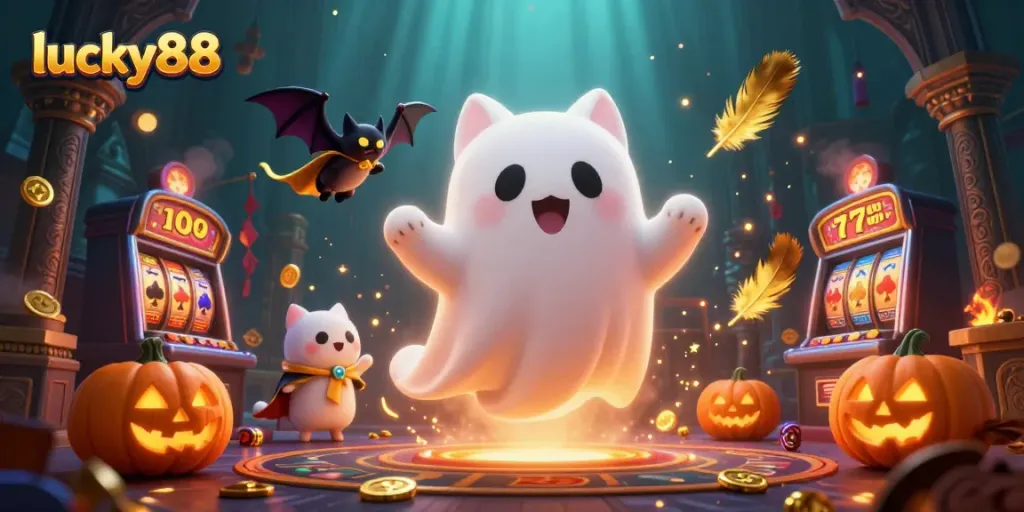 Play exciting games on lucky88 with a ghost cat experiencing a haunted casino.
