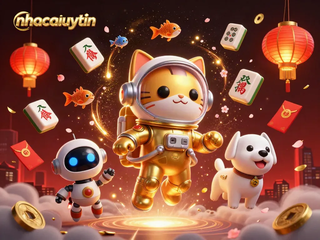 nhacaiuytin's captivating 3D illustration showcases a cat astronaut and robot dog in a vibrant casino-themed space