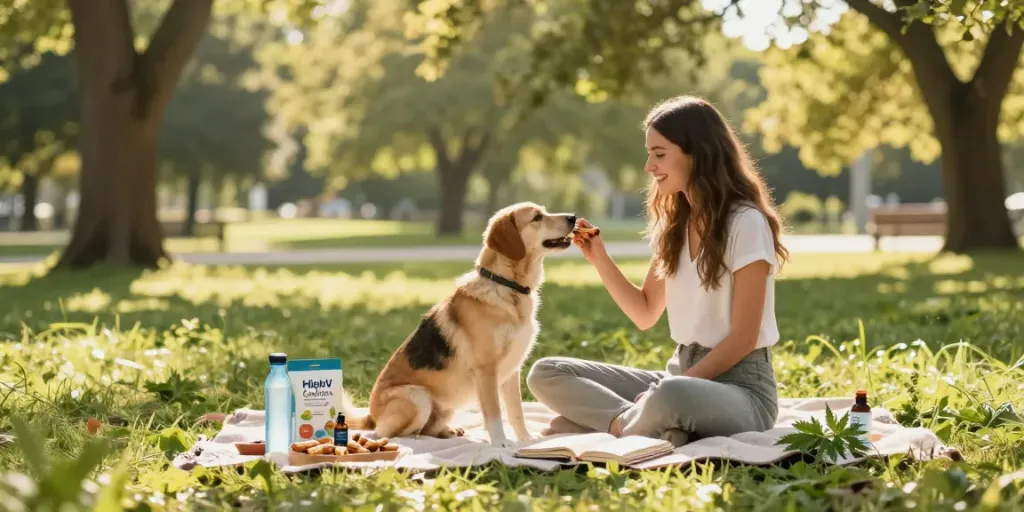 Calming Dog Treats on a picnic in the park, CBD oil and natural wellness elements featured.