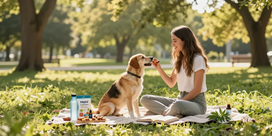 Calming Dog Treats on a picnic in the park, CBD oil and natural wellness elements featured.