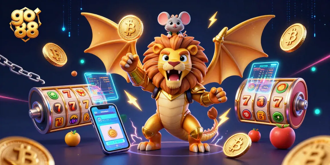 Experience the excitement of go 88 with a thrilling 3D scene featuring golden coins and slot machine symbols.