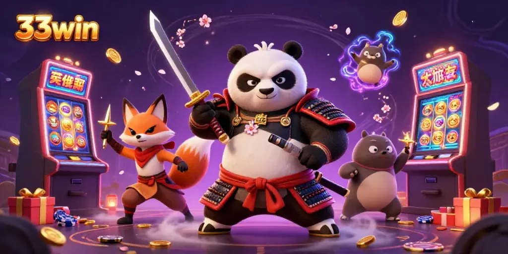 Experience high-stakes action with 33win's exciting casino features in a vibrant illustration.