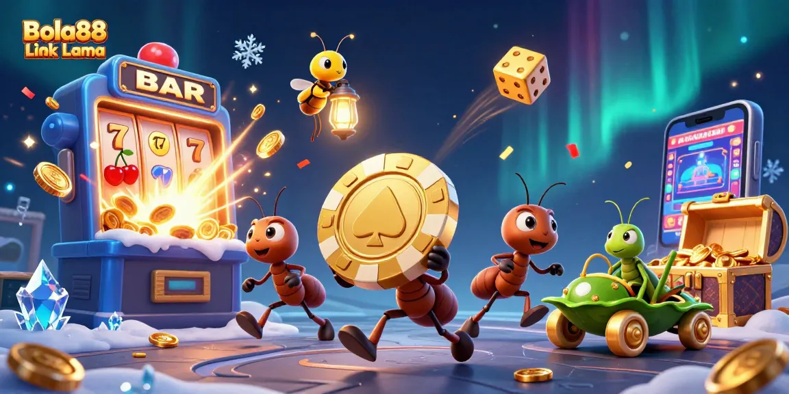 Experience the excitement of winning with Bola88 Link Lama through this vibrant casino-themed illustration.