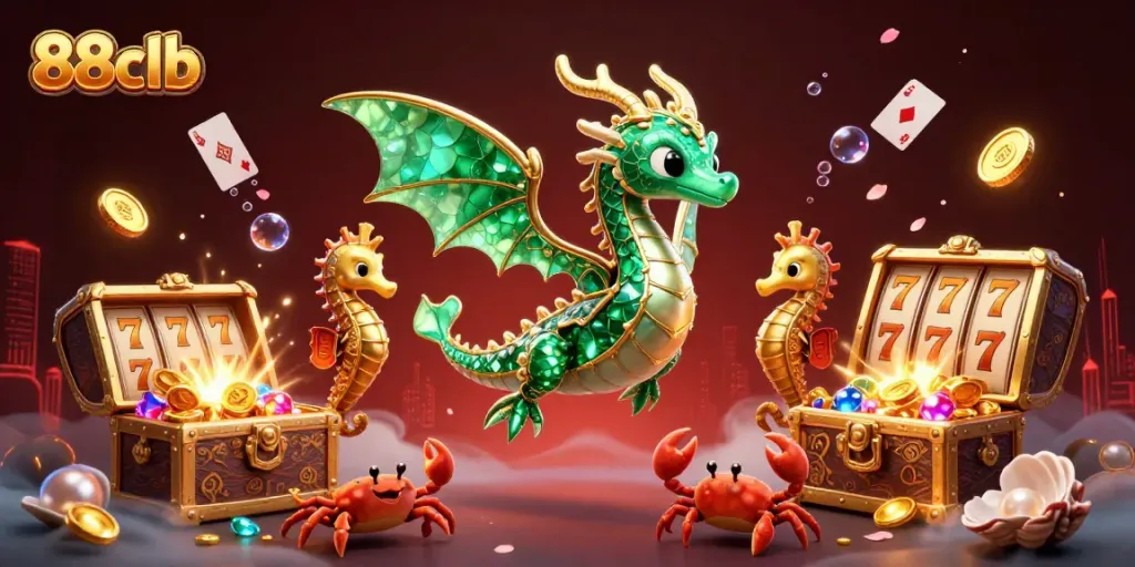 Experience the enchanting world of 88clb with a vibrant underwater dragon and treasure, showcasing thrilling gambling elements.