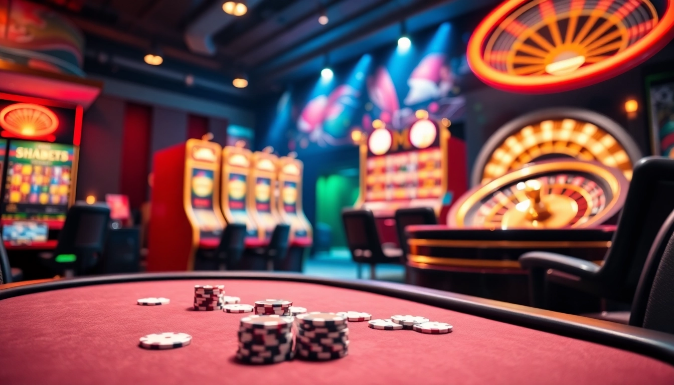 Experience the excitement at SHBET's online casino featuring a vibrant poker table and slot machines.