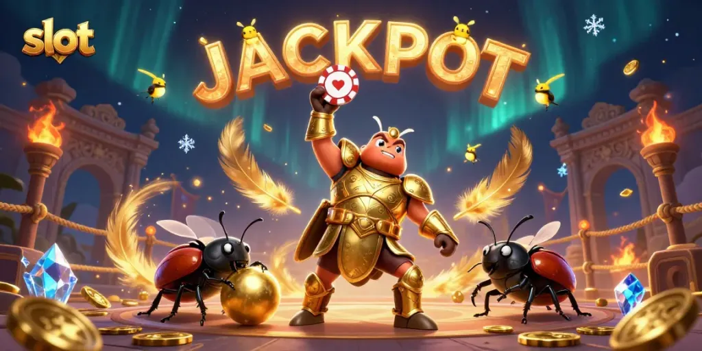 Engage in winning slot strategies as hercules beetle celebrates the jackpot in a vibrant casino arena.