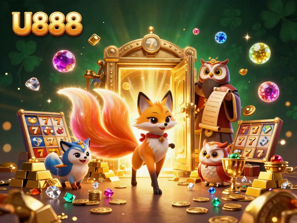 Experience the vibrant U888 gaming world with a colorful nine-tailed fox, floating gems, and slot elements.