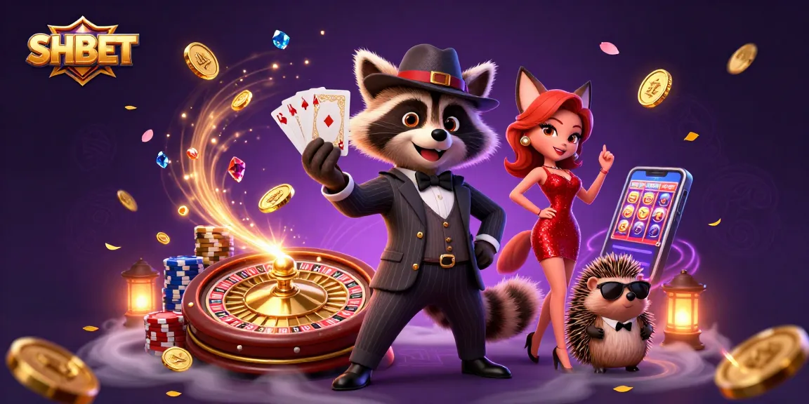 Experience excitement with SHBET in a vibrant casino scene featuring a raccoon with a royal flush.