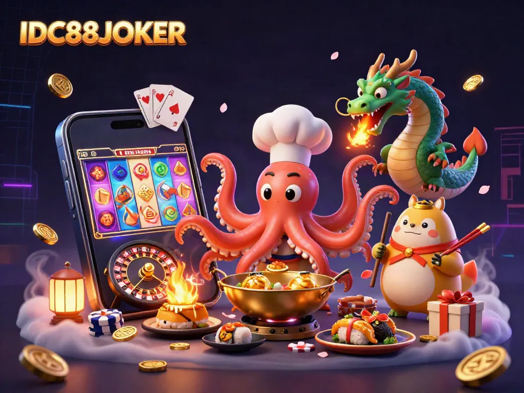 Engage with IDC88JOKER as a colorful sushi chef octopus, dragon, and tanuki animate a fun-filled slot game.