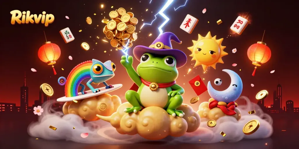 Engage with Rikvip's vibrant online casino journey featuring a magical scene of excitement and winning.