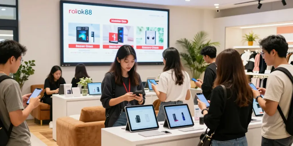 Engaging shopping experience at rokok88 online store, featuring diverse customers exploring interactive product displays and vibrant digital promotions.
