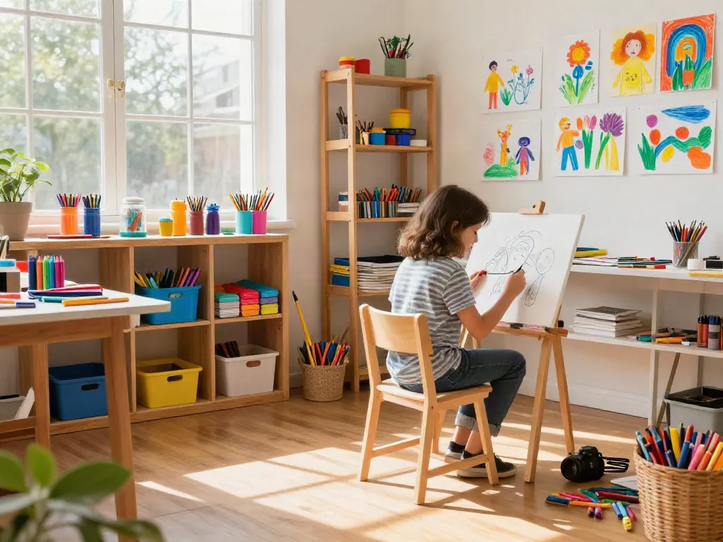 Art studio featuring diverse crayons and an artist creating vibrant drawings, emphasizing crayon supplier products.