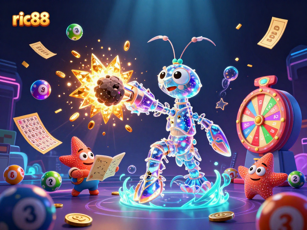 Experience exciting gaming moments with ric88, featuring dynamic elements like lottery balls and golden treasures.