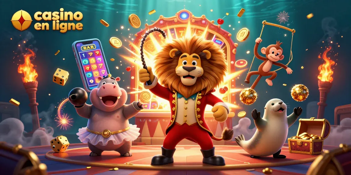 Visitez le casino en ligne avec une scène animée de personnages de cirque autour de machines à sous et de jeux colorés.