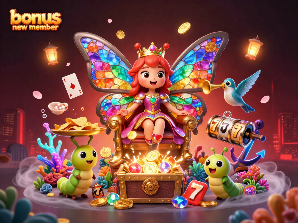 Engage with the bonus new member promo in this vibrant 3D casino scene filled with slot elements, gold coins, and treasure.